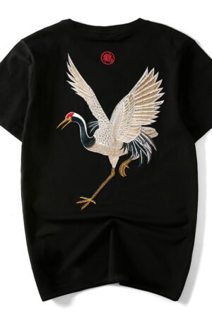 Vintage ethnic cotton embroidered crane t-shirt