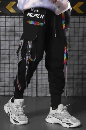 Hip Hop Joggers Men Letter Ribbons Cargo Pants Pockets