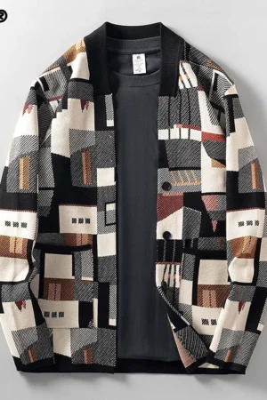 Spring and Autumn Fashion Trendy Men's V-neck Geometric Oil Painting