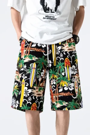 Fashion Elastic Lace Up Pockets Color Printed Casual Shorts