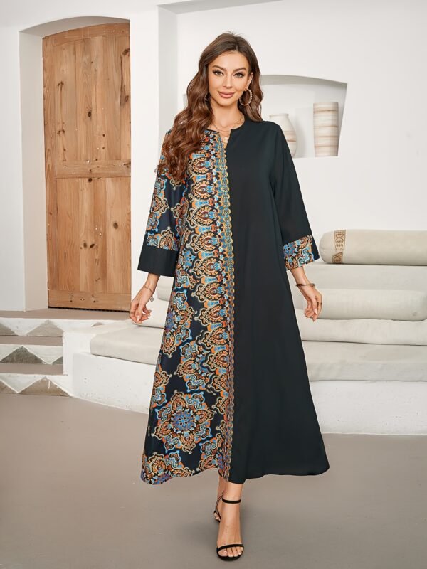 Ramadan Ethnic Print Color Block Kaftan, Elegant Notched Neck Maxi Length Dress, Women's Clothing - Image 5