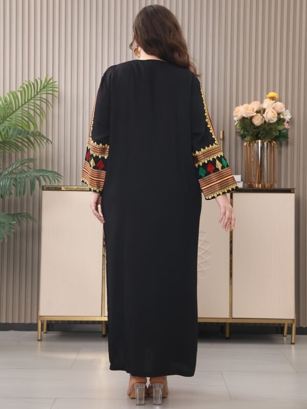 Traditional Embroidered Long Dress with Regular Sleeves, Rayon/Viscose Fabric, Loose Fit, Summer Turkish Robe for Mature Occasions - Image 3