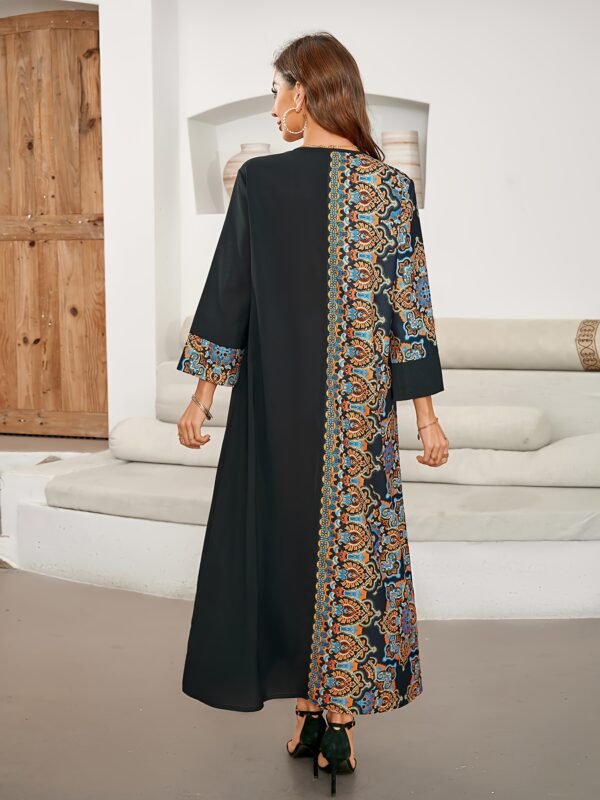 Ramadan Ethnic Print Color Block Kaftan, Elegant Notched Neck Maxi Length Dress, Women's Clothing - Image 3