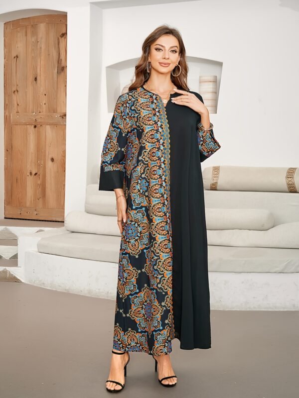 Ramadan Ethnic Print Color Block Kaftan, Elegant Notched Neck Maxi Length Dress, Women's Clothing - Image 2