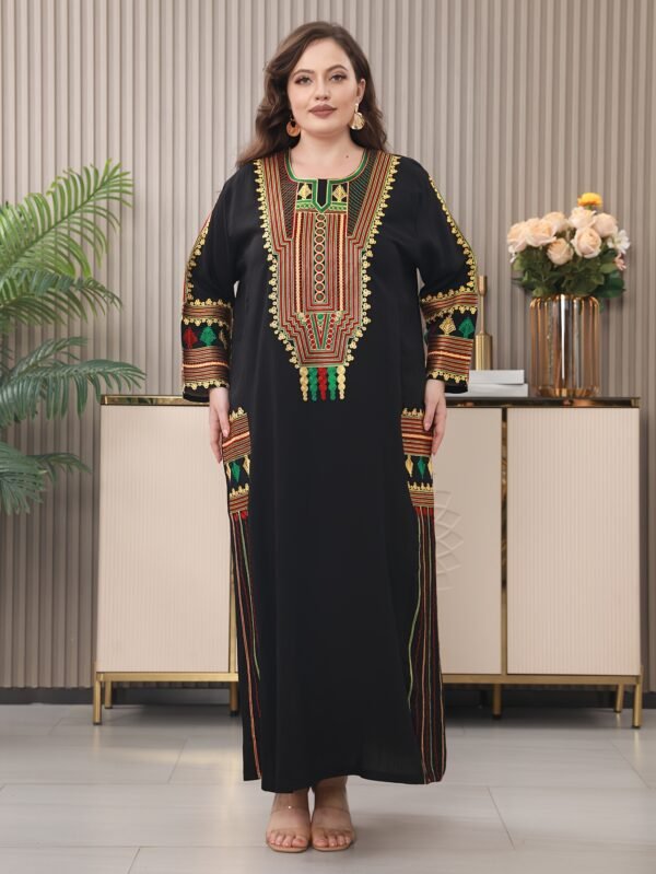 Traditional Embroidered Long Dress with Regular Sleeves, Rayon/Viscose Fabric, Loose Fit, Summer Turkish Robe for Mature Occasions - Image 9