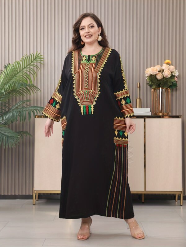 Traditional Embroidered Long Dress with Regular Sleeves, Rayon/Viscose Fabric, Loose Fit, Summer Turkish Robe for Mature Occasions - Image 2