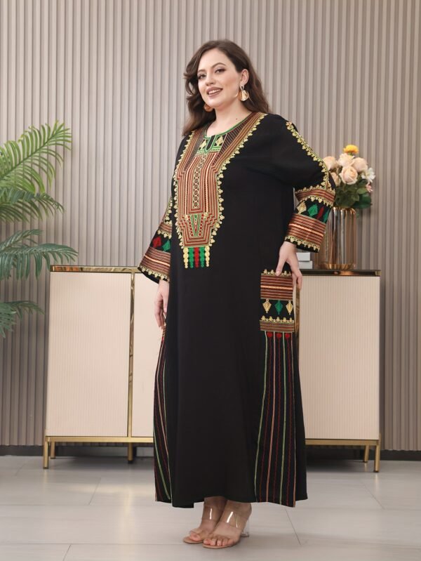 Traditional Embroidered Long Dress with Regular Sleeves, Rayon/Viscose Fabric, Loose Fit, Summer Turkish Robe for Mature Occasions - Image 6