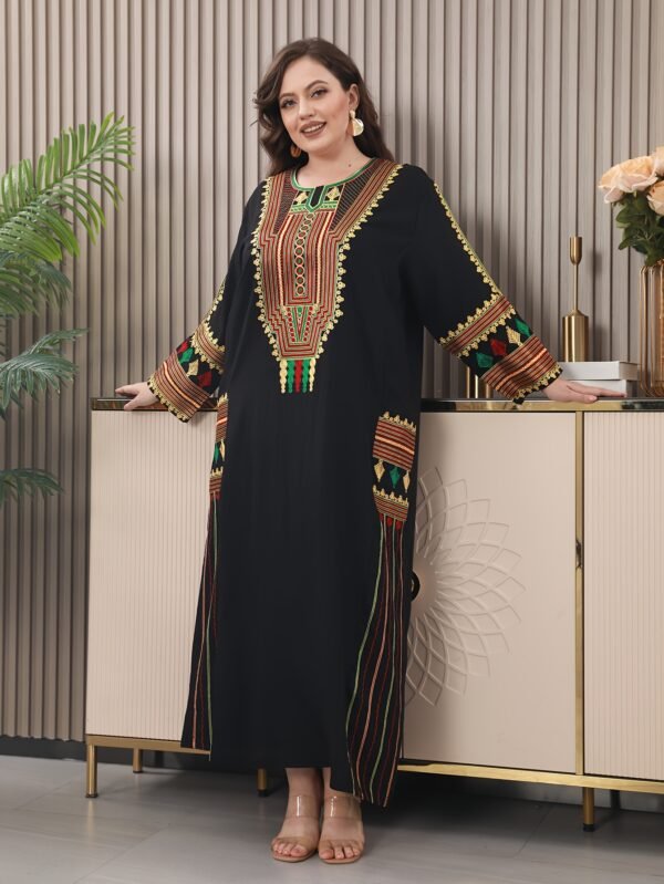 Traditional Embroidered Long Dress with Regular Sleeves, Rayon/Viscose Fabric, Loose Fit, Summer Turkish Robe for Mature Occasions