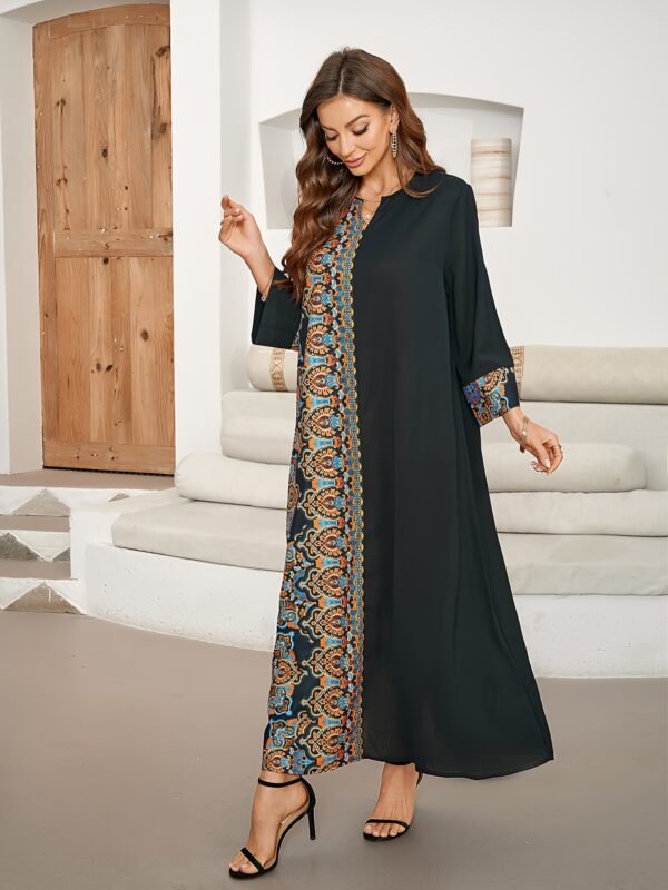 Ramadan Ethnic Print Color Block Kaftan, Elegant Notched Neck Maxi Length Dress, Women's Clothing