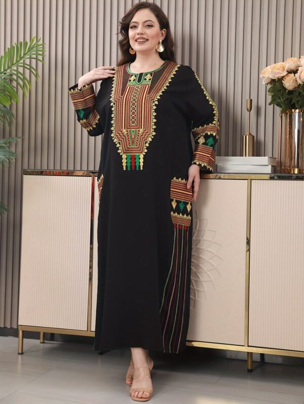 Traditional Embroidered Long Dress with Regular Sleeves, Rayon/Viscose Fabric, Loose Fit, Summer Turkish Robe for Mature Occasions - Image 10