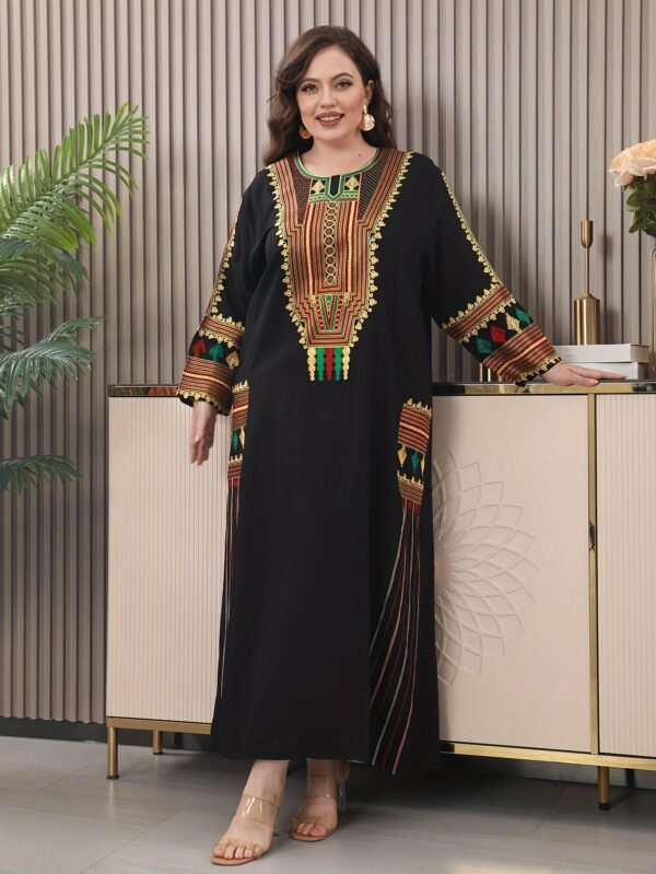 Traditional Embroidered Long Dress with Regular Sleeves, Rayon/Viscose Fabric, Loose Fit, Summer Turkish Robe for Mature Occasions - Image 8