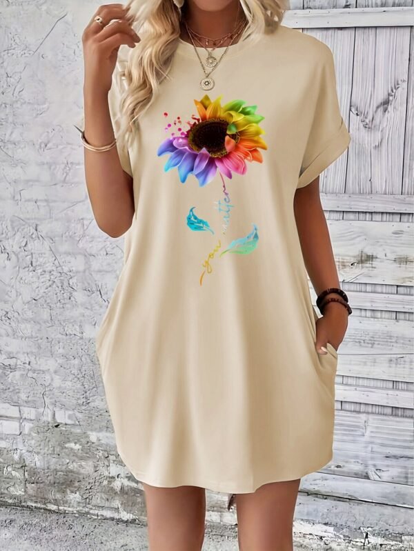 Colorful Floral Print Casual T-Shirt Dress with Pockets