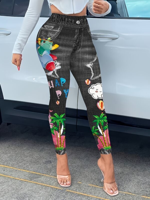 Women's High-Waist Faux Denim Print Leggings - Image 5