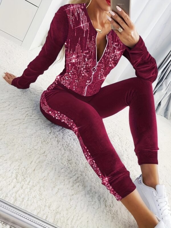 Long Sleeve Zip Up Coat Pants Sets - Image 2