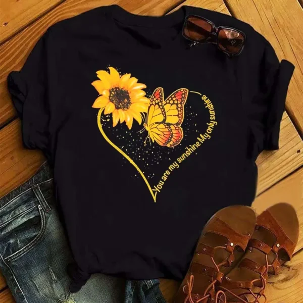 Women Sunflower Butterfly Print  T-Shirts - Image 3