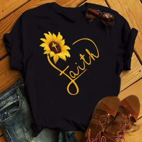 Women Sunflower Butterfly Print  T-Shirts - Image 6