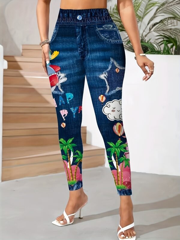 Women's High-Waist Faux Denim Print Leggings