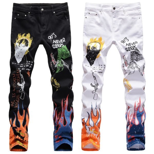 High Street Men's Stretch Slim 3D Color Printing Black White Trousers