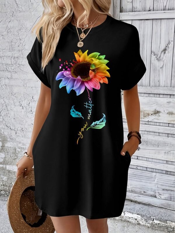 Colorful Floral Print Casual T-Shirt Dress with Pockets - Image 4