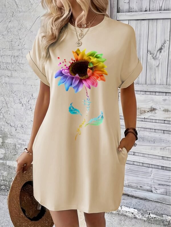 Colorful Floral Print Casual T-Shirt Dress with Pockets - Image 3