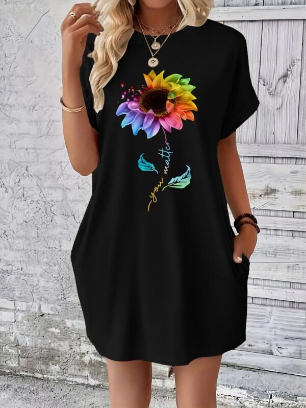 Colorful Floral Print Casual T-Shirt Dress with Pockets - Image 2