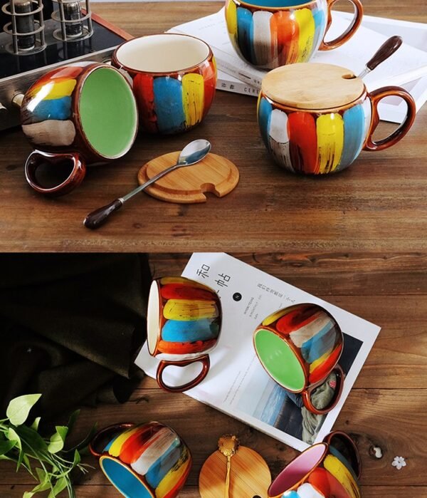 Creative ceramic cup milk cup water cup coffee cup breakfast cup couple cup to cup mug with lid spoon - Image 3