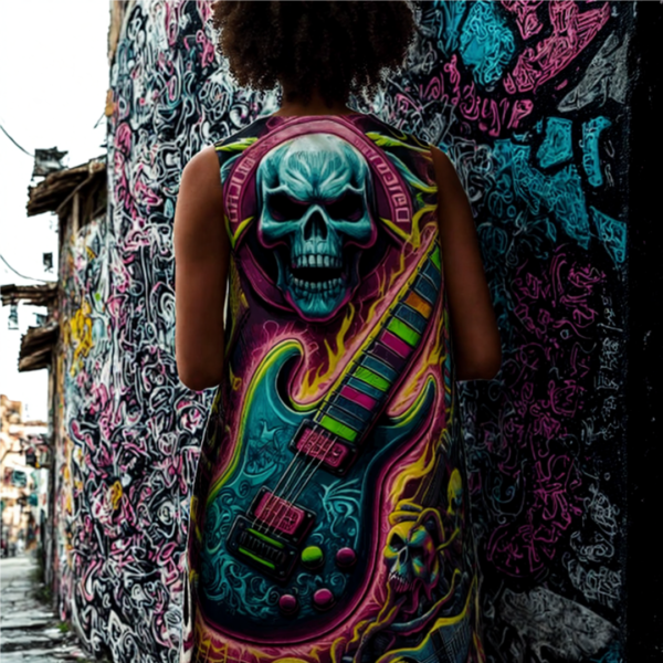 Neon Skull Guitar Art A-Line Dress