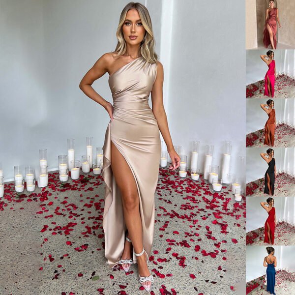 One-shoulder Backless Slit Dress Summer Elegant Slim-fit Solid Color Satin Dresses For Women