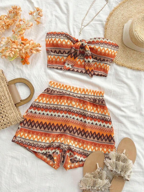Women's Sexy 2pcs Set  Summer  Colorful Striped Elastic Suitable For Vacation And Daily Travel - Image 4