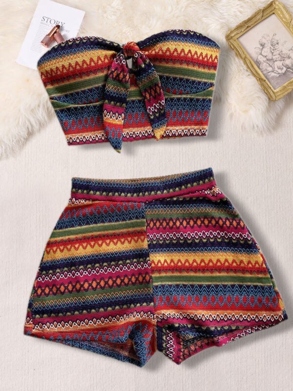 Women's Sexy 2pcs Set  Summer  Colorful Striped Elastic Suitable For Vacation And Daily Travel - Image 2