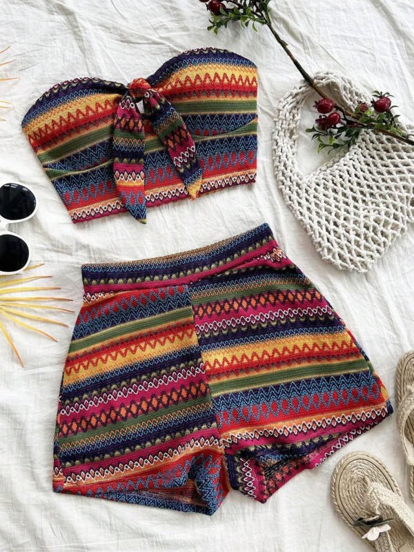 Women's Sexy 2pcs Set  Summer  Colorful Striped Elastic Suitable For Vacation And Daily Travel - Image 5