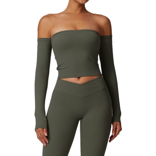 Brushed Tight Off-shoulder Long Sleeve Yoga Exercise Top - Image 3