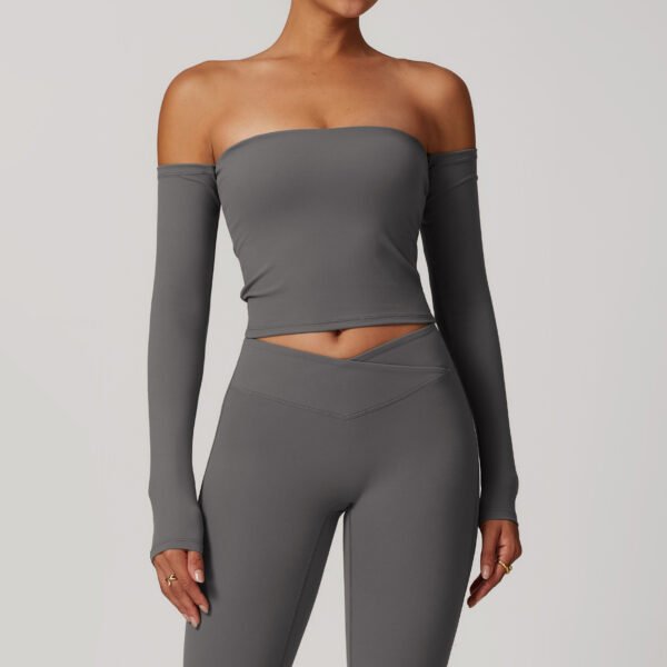 Brushed Tight Off-shoulder Long Sleeve Yoga Exercise Top - Image 4
