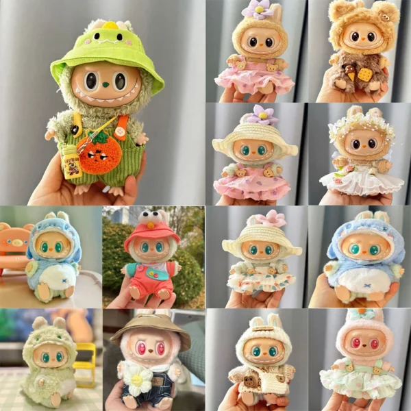 （Only clothes）17cm Mini Plush Doll's Clothes Outfit Accessories for Korea Kpop Labubu Dolls Sit Party Overalls Clothing Gift