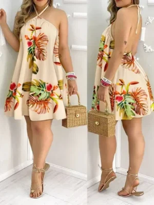 Tropical Print Halter Neck Dres