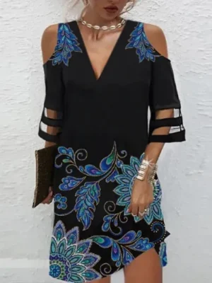 Women Short Skirt S-4XL V Neck Short Sleeve