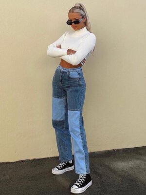 Contrasting Stitching High-rise Straight-leg Jeans Women