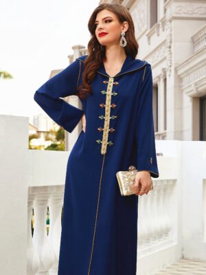 Navy Gold-rimmed Hand-sewn Diamond Hooded Robe ABAYA Muslim