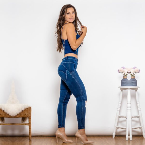 Shascullfites Shaper Set Dark Blue Washed Ripped Jeans Set Zipper Crop Top Club Party Set Of Two Fashion Pieces For Women - Image 3