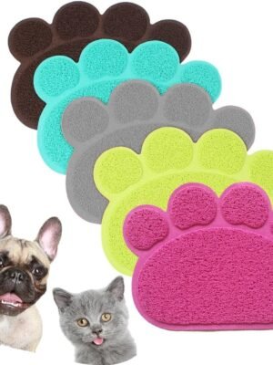 PVC Pet Dog Cat Puppy Kitten Dish Bowl Food Water Feeding Placemat, Non-Slip Cat Litter Mat Paw Shape, Rose Large