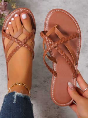 Cross-woven Design Thong Sandals Summer Flat Shoes Women