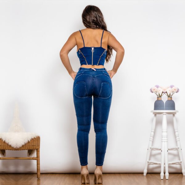 Shascullfites Shaper Set Dark Blue Washed Ripped Jeans Set Zipper Crop Top Club Party Set Of Two Fashion Pieces For Women - Image 2