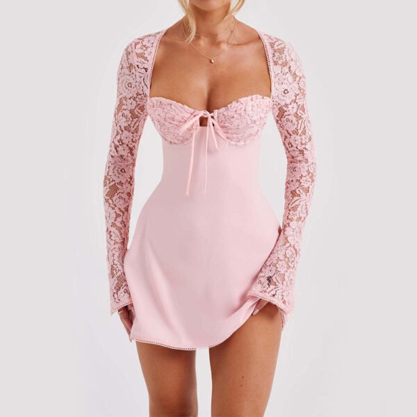Y2K  Lace Long Sleeve Dress Fashion Sexy Corset Backless Lace Up Short Dresses Womens Clothing - Image 7