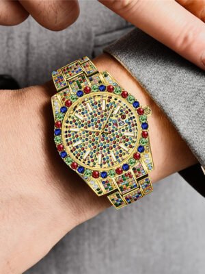 Hip Hop Men Fashion Color Full Diamond Date Quartz Watches