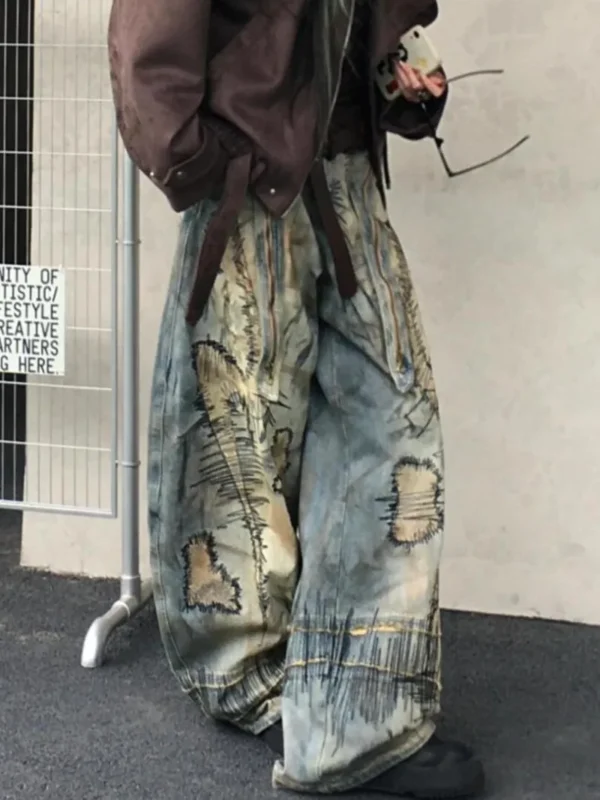 American Street Destruction Style Embroidered Denim Pants - Image 2