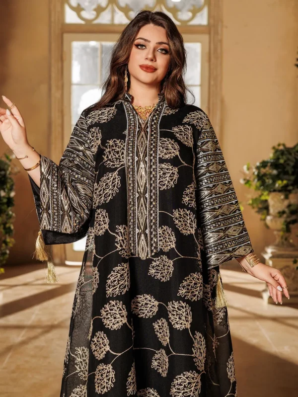 Muslim Women's Black Islamic Embroidered Abaya with Gold - Image 4