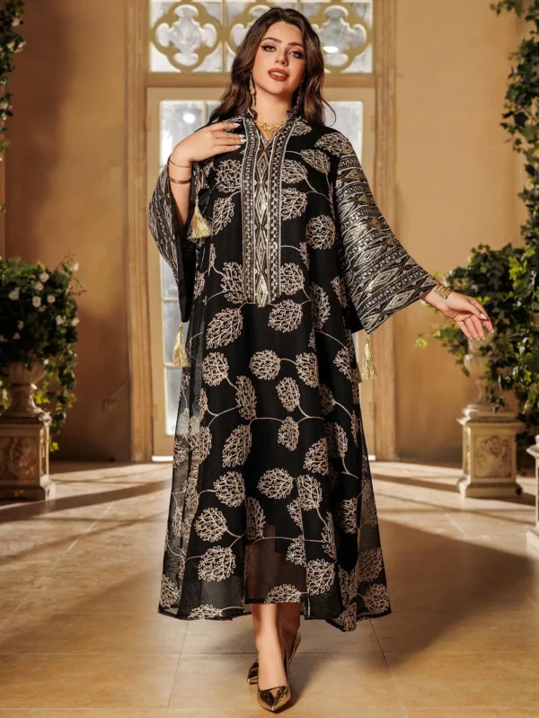Muslim Women's Black Islamic Embroidered Abaya with Gold - Image 2