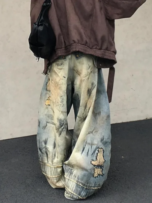 American Street Destruction Style Embroidered Denim Pants - Image 4
