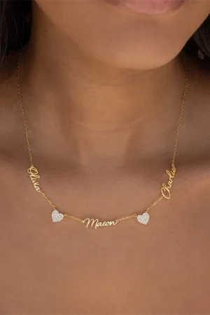 Two Pave Zircon Heart Custom Name Necklaces