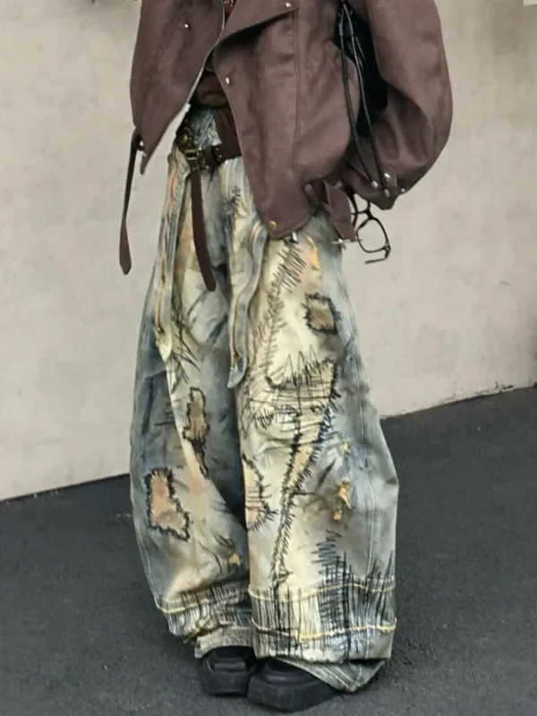 American Street Destruction Style Embroidered Denim Pants - Image 3